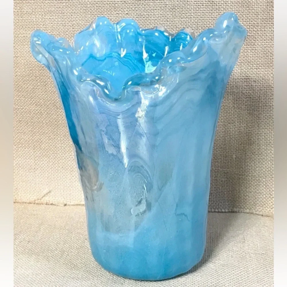 Blue Ripple Swirl Art Glass Vase Scalloped Asymmetrical Rim Beach Coastal Ocean